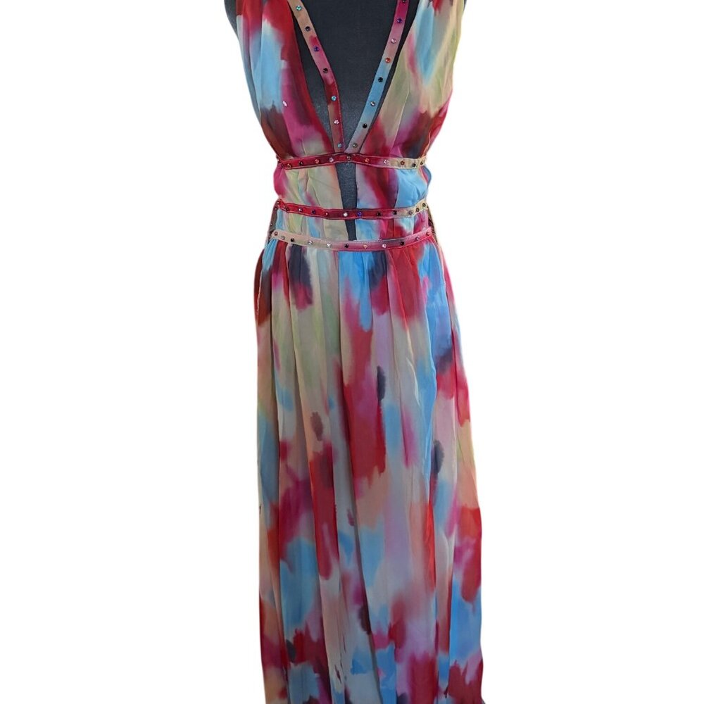 Multicolor Sleeveless Maxi Dress With Rhinestone Straps & High Slit - Picture 2 of 7